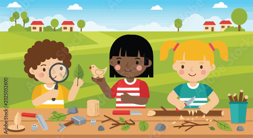 Фотография Three diverse children enjoy outdoor craft activities like wood carving and nature study at a long wooden table in a green countryside setting