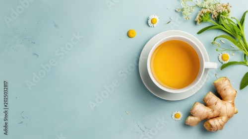 Overhead view of a comforting cup filled with golden herbal tea adorned with fresh ginger root delicate chamomile flowers and green sprigs on a soft blue textured surface