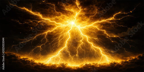 Schilderij op canvas A glowing yellow plasma lightning storm creates a seamless energy texture with a