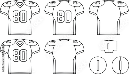 Blank white american football jersey mockup technical fashion sketch template vector illustration showing front and back views