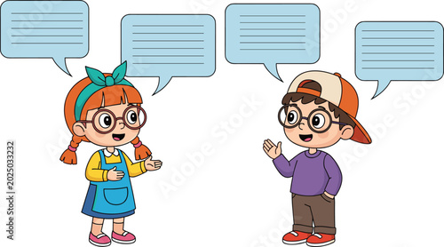 Cute Kids Conversation Vector Illustration with Speech Bubbles, Cartoon Boy and Girl Characters, and Communication Learning Design
