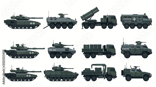 Fotografi Military Vehicles and Armored Army Tanks Vector Illustration Set