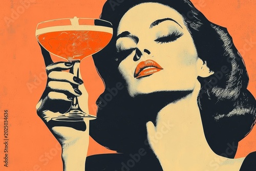 Timeless depiction of femininity with a cocktail in hand.