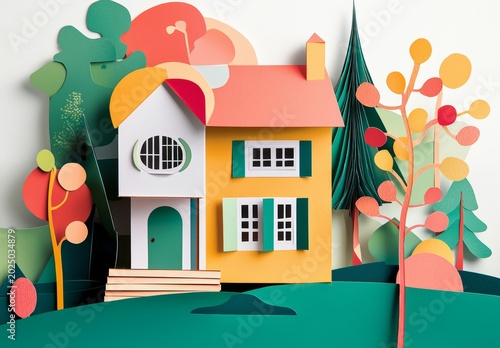 Unique paper collage artwork representing a contemporary house style.