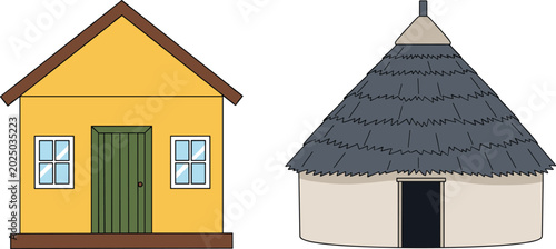Photos Modern House and Traditional Thatched Hut Comparison Showing Urban and Rural Arc