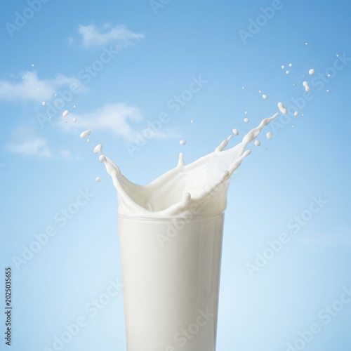 Glass of milk splashing with blue sky background