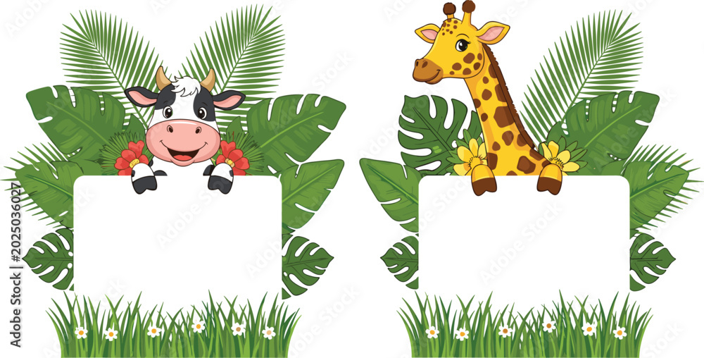 Naklejka premium Cute Cow and Giraffe Cartoon Frames with Tropical Leaves and Blank Banner for Kids Design, Animal Theme, and Nursery Vector Illustration