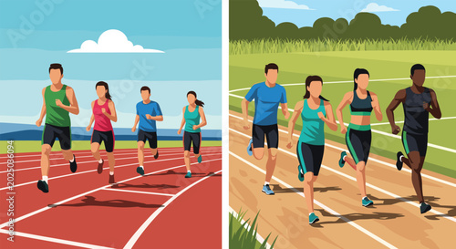 Group of People Running on Track and Outdoor Trail Representing Fitness, Marathon Training, Healthy Lifestyle, and Athletic Activity in Flat Vector Illustration