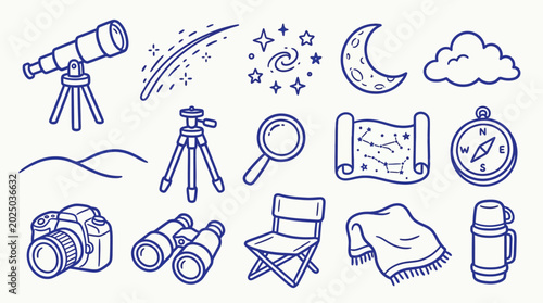 Tablou pe pânză Collection of hand-drawn doodle icons related to astronomy and stargazing, including telescopes, constellations, and celestial bodies