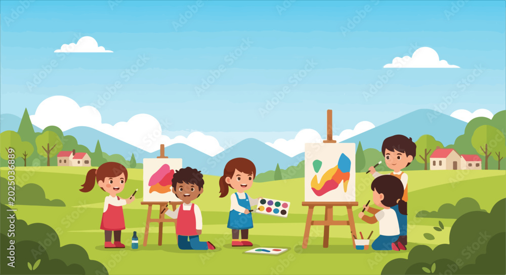 Fototapeta premium A vector illustration of a group of children happily painting on canvases set up on easels in a scenic outdoor park with green hills and a blue sky.
