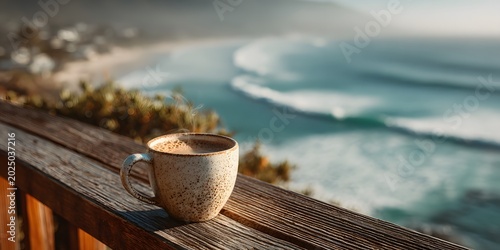 Serene coastal view with ocean waves crashing onto sandy beach seen from wooden balcony with coffee mug in foreground du daytime
