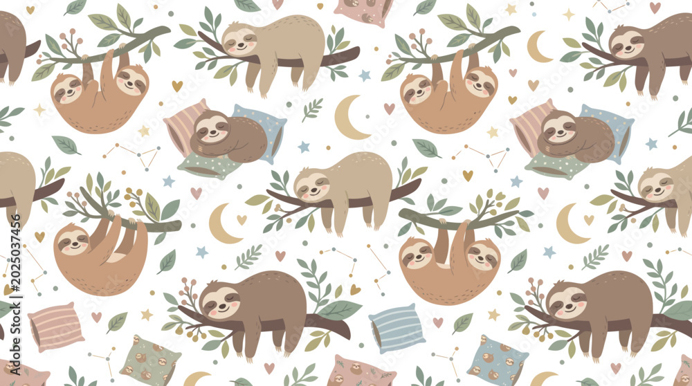Fototapeta premium Cute Sloth Family Pattern, Cartoon Animals on Tree Branch, Seamless Background