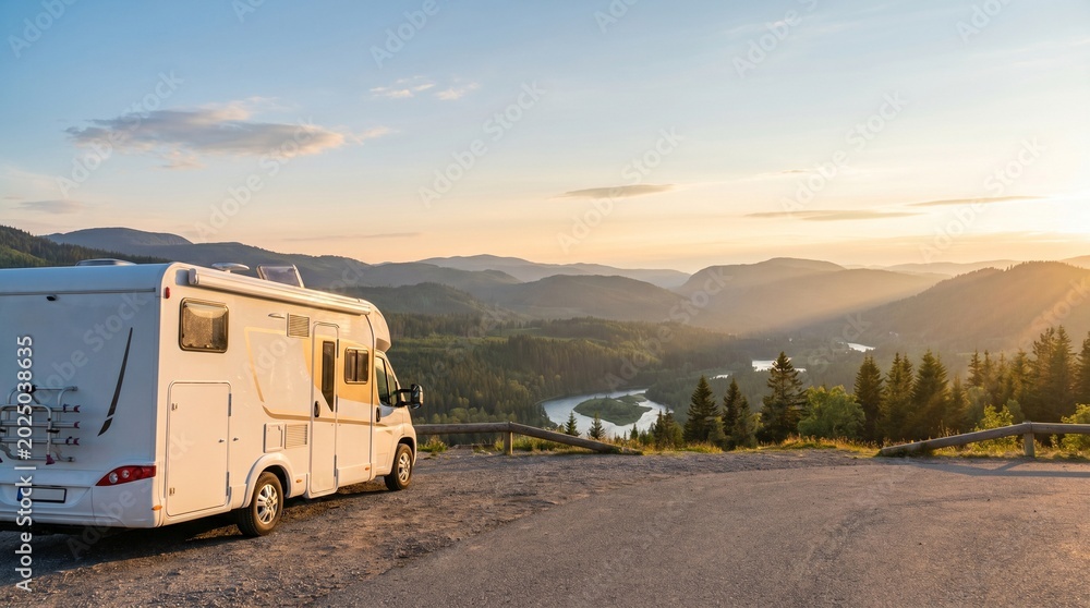 Obraz premium Motorhome Travel: Camper Van Beside Mountain Valley at Golden Hour Sunset Overlook