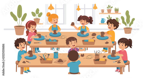 Fotografia Eight happy children are sitting around wooden tables in a bright classroom, joyfully learning how to mold clay into various pottery shapes