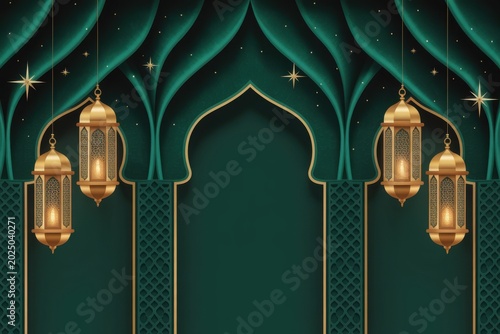 Golden Ramadan lanterns hanging during dusk against a luxurious green Islamic archway with starry night sky