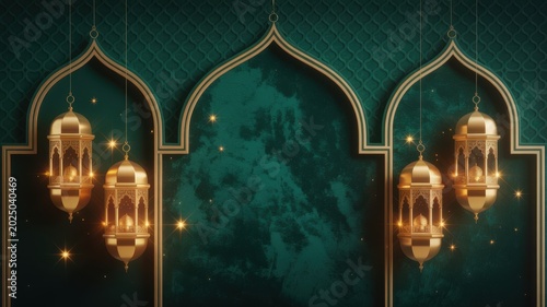 Golden Ramadan lanterns hanging with stars against an ornate arched window with a cloudy sky