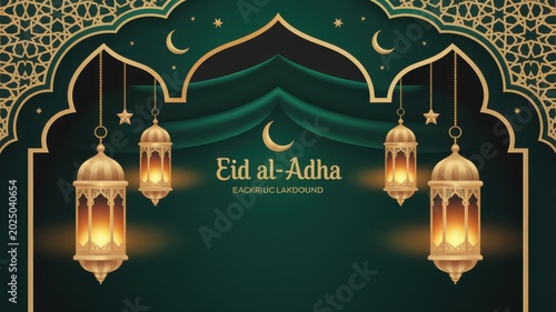 Intricate Islamic Archway with Hanging Lanterns During Ramadan Celebrations with Crescent Moon Illustration