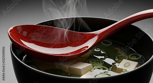 Steaming bowl of miso soup with tofu and green onions served with a red spoon