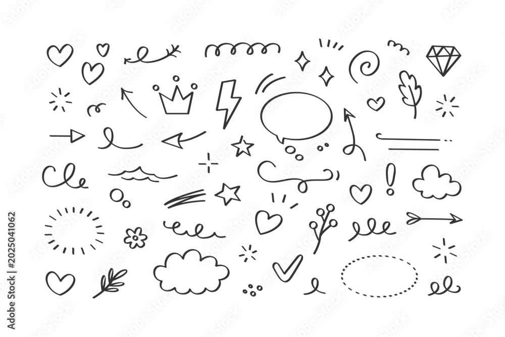 Obraz premium A collection of hand-drawn doodle elements including hearts, stars, arrows, and clouds