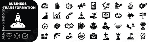 Business transformation and corporate growth icon set for strategic planning