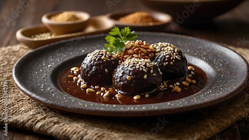 Gourmet Mexican Mole Dish with Sesame Seeds in Rustic Dark Food Photography