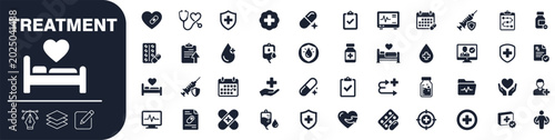 Set of 40 medical treatment icons in solid style