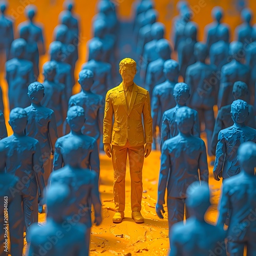 Man standing out from blue crowd.