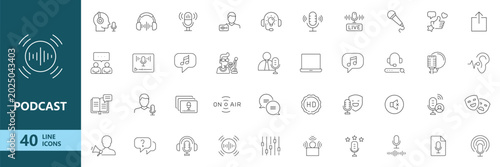 Tableau sur toile Podcast Audio Broadcast Streaming Line Icon Set for Microphone Radio Voice Recor