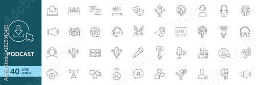 Photos Podcast Audio Broadcast Streaming Line Icon Set for Microphone Radio Voice Recor