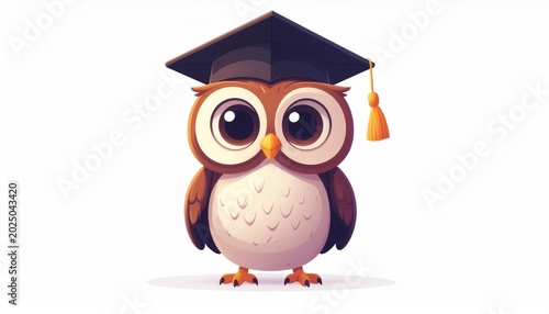 A cartoon owl wearing a graduation cap stands on white background