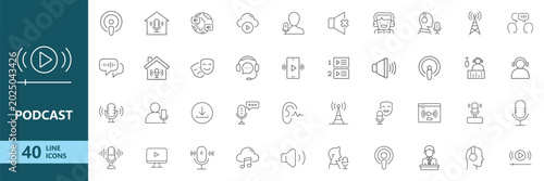 Photos Podcast Audio Broadcast Streaming Line Icon Set for Microphone Radio Voice Recor