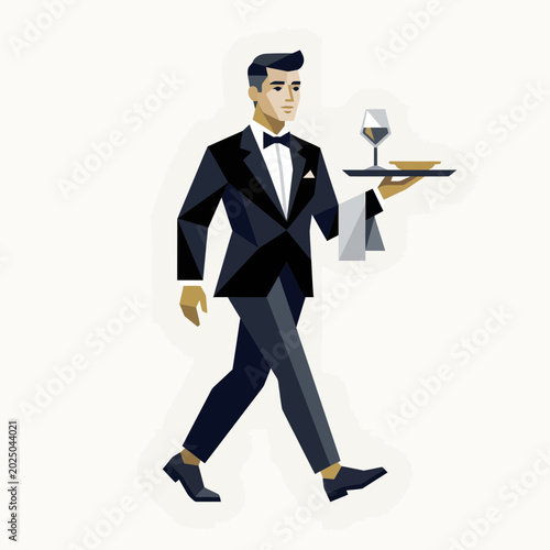 Elegant Waiter Serving Drinks and Food at a Formal Event in a Sophisticated Restaurant Setting