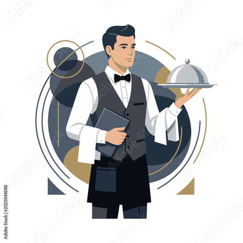 Fine Dining Service, Elegant Waiter, Upscale Restaurant, Illustration, Modern Decor, Front View, Hospitality Concept