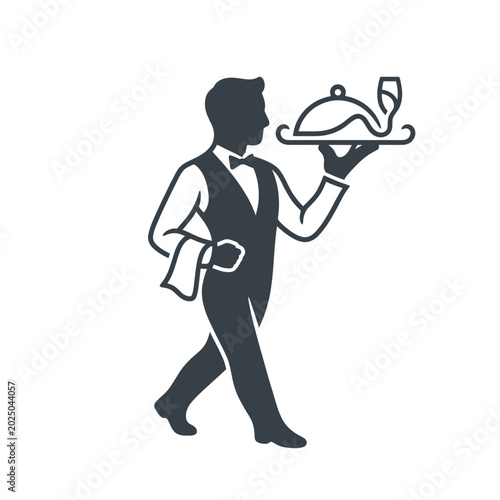 Professional Waiter Serving Gourmet Cuisine in Elegant Restaurant Setting with Upscale Atmosphere