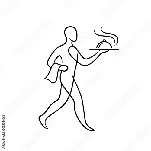 Waiter Carrying Plate of Food in Restaurant Setting - Minimalist Illustration