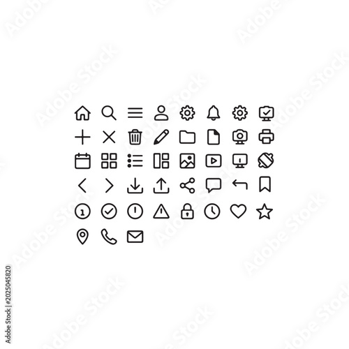Collection of common interface icons for web and mobile applications.