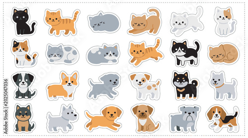Collection of cute cartoon animal stickers featuring various dog and cat breeds for scrapbooking or graphic design