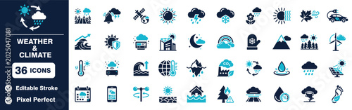 Fotografía Set of 36 Weather and climate icon set for environmental and meteorological proj