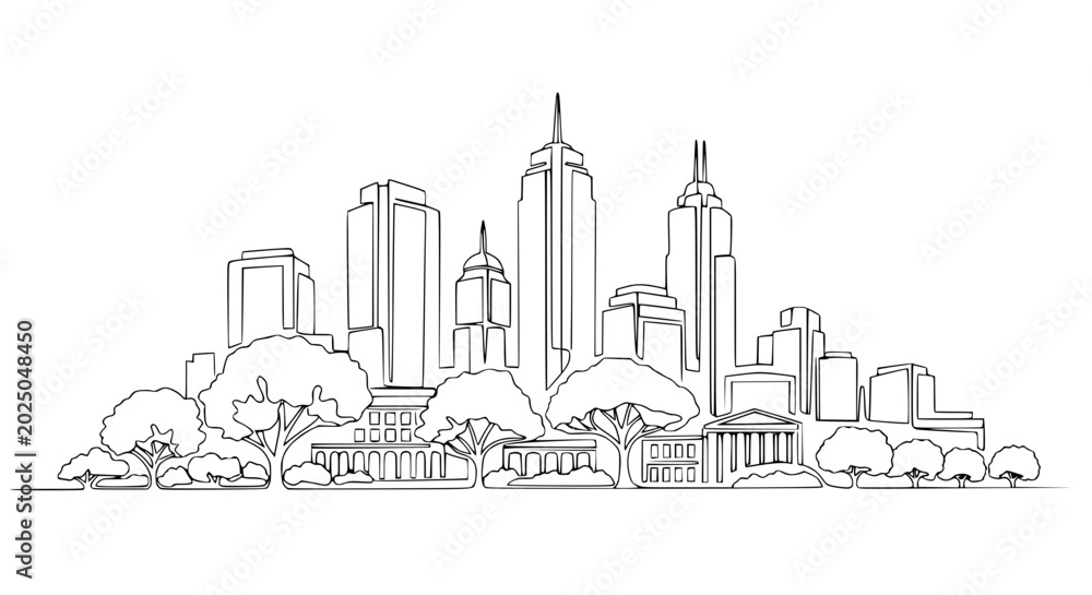 Obraz premium Minimalist Cityscape Line Art: Modern Buildings, Trees, and Architecture