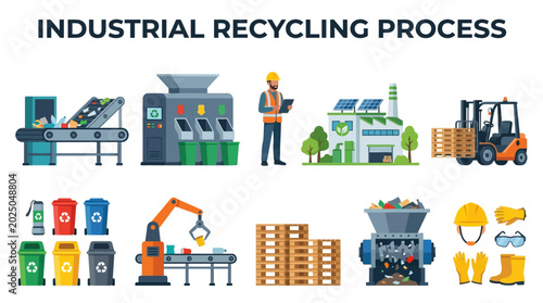 Industrial Recycling Process Vector Graphics Illustrating Sustainability And Resource Management