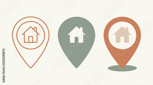 Minimalist Earth Toned Map Pins with Home Icons for Real Estate Property Location and GPS Tracking