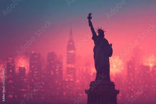 Statue of Liberty New York City fireworks 4th july skyline night celebration, patriotic holiday mood with city light and colorful firework over