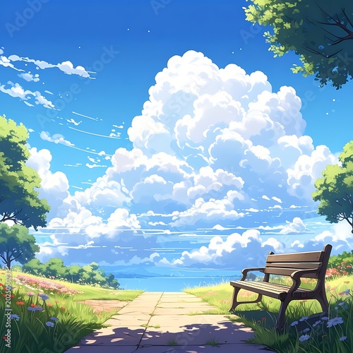 Serene landscape with wooden bench overlooking ocean.