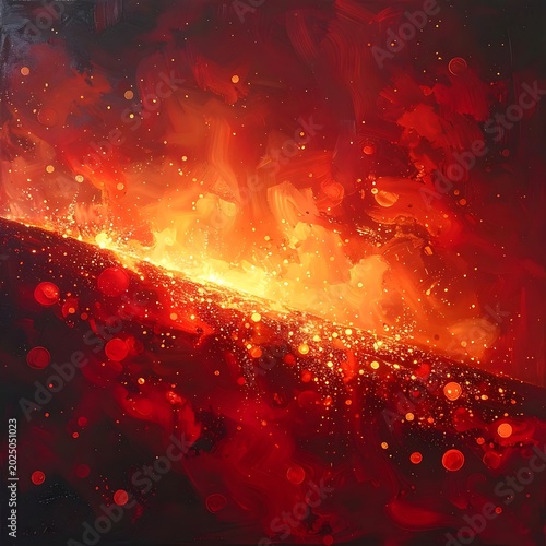 Molten lava flowing through dark landscape.