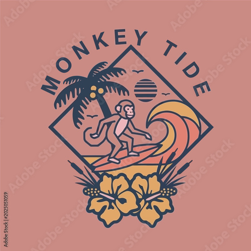 Tableau sur toile Monkey Riding Wave Surfing Beach.