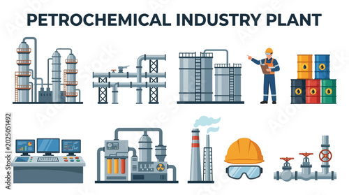 Petrochemical industry plant vector illustration and equipment set for industrial process