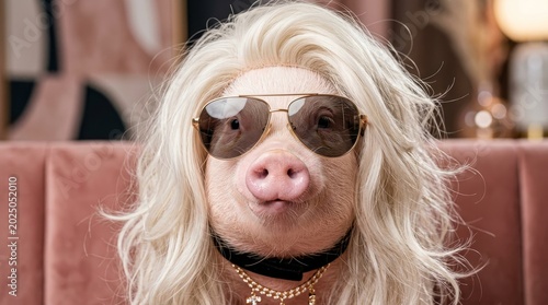 Funny pig wearing designer sunglasses and blonde wig humorous fashion animal portrait