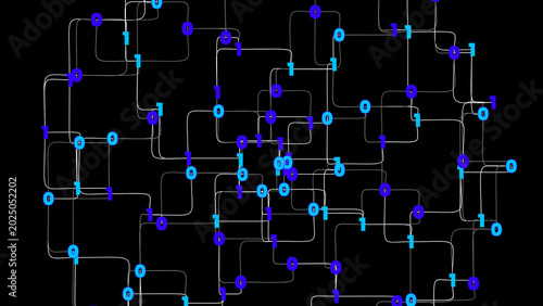 Digital data network with binary code numbers on black background