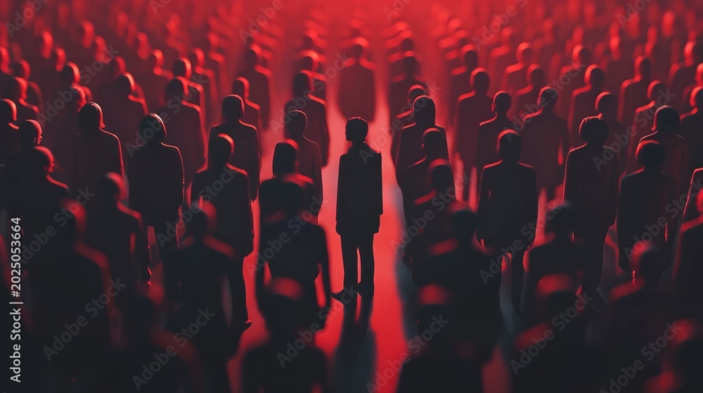 Obraz premium One glowing figure standing out from a massive crowd of dark anonymous silhouettes, concept of individuality and leadership.