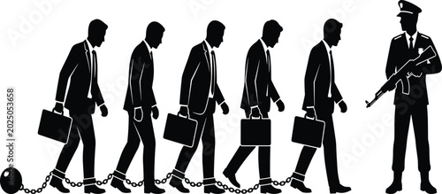 Foto Businessmen shackled in chains with iron ball marching toward armed prison guard or military soldier vector silhouette concept design